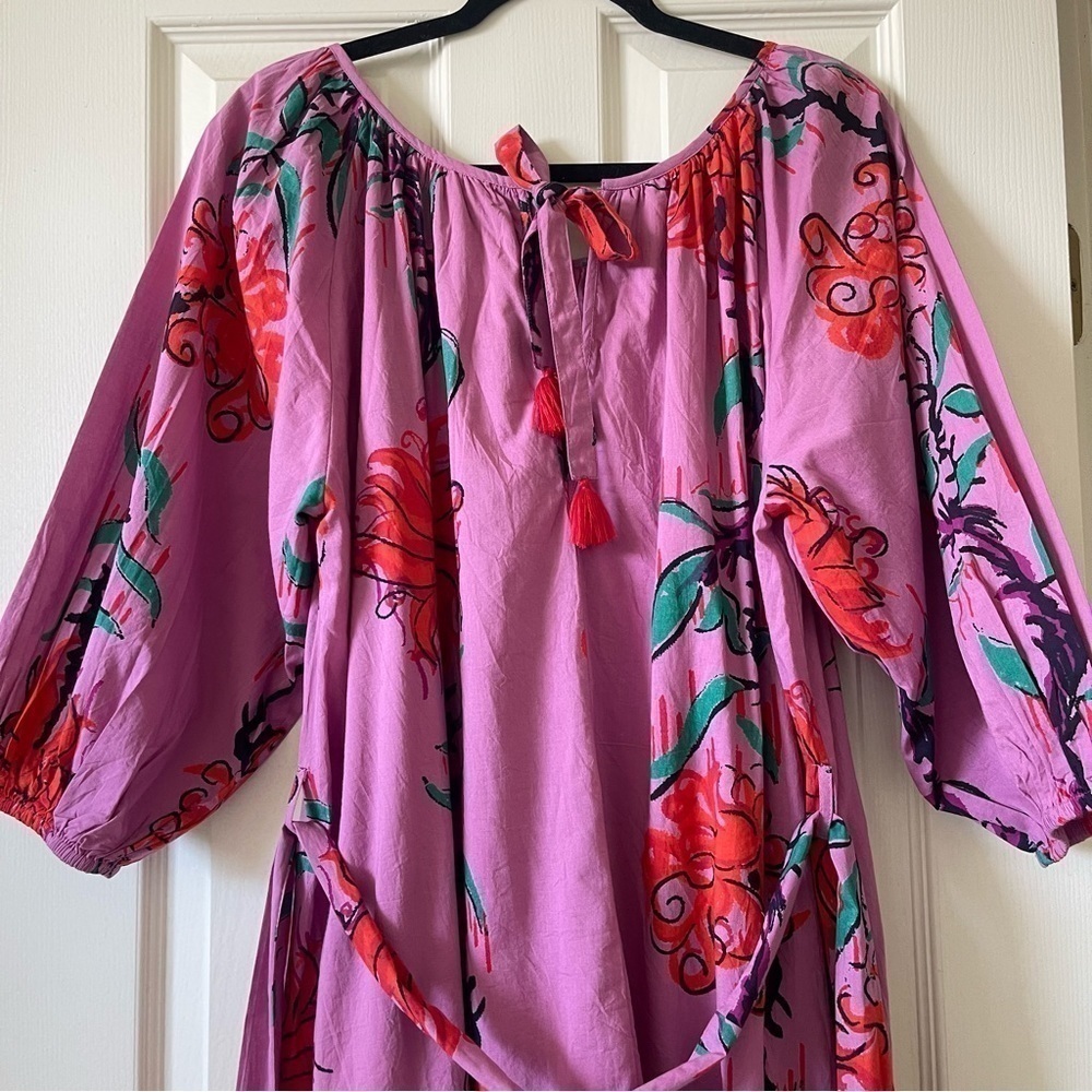 Ro’s Garden Vera Pink Floral Puff Sleeve Mini Dress Tie Waist Ruffle Hem Size M - Picture 8 of 16